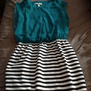 Accidentally In Love Teal Blk&White Striped Dress